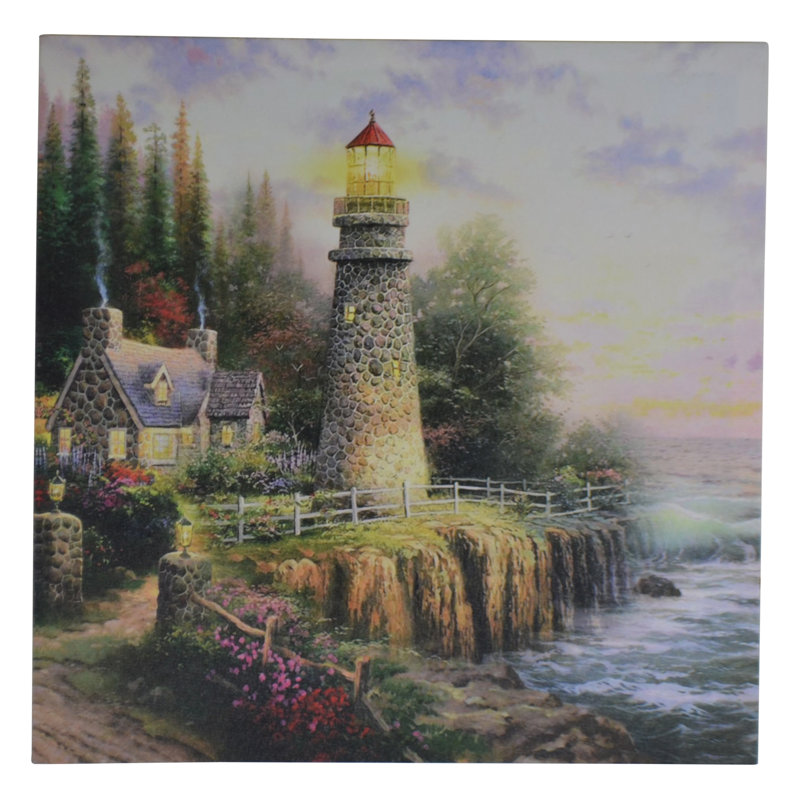 16" Square Multicolor LED Lighthouse Wrapped Canvas Painting