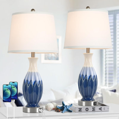 Set Of 2 Tall Ceramic Table Lamps With USB Charging Ports, Coastal Bedside Lamps With White Fabric Shade, Large Nightstand Lamps For Living Room Bedroom Office Decor