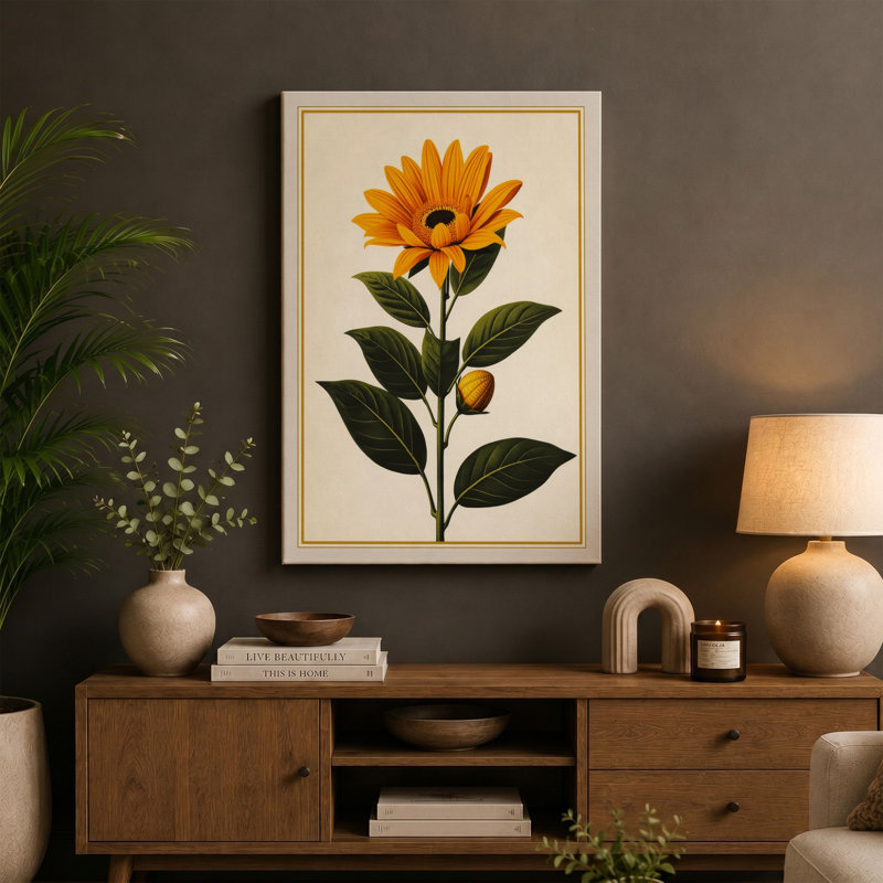 Single Sunflower Study Botanical - Wrapped Canvas, 18x12 - 45.7 x 30.5 cm, Ochre Border