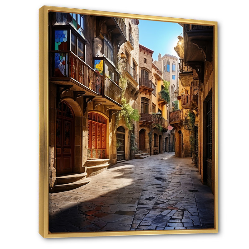 Espagne, quartier gothique de Barcelone, art mural sur toile Cityscapes, H 20 po x l 12 po x P 1 po, Cadre flottant doré