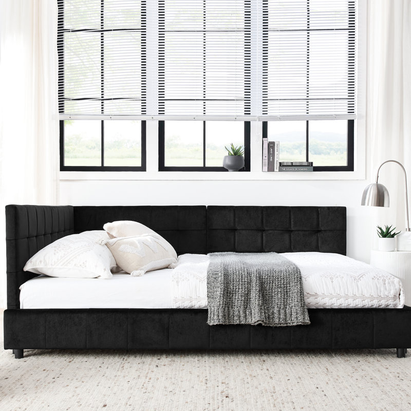 Lit tapissier double avec velours - Structure solide et stable pour salon noir avec structure pour