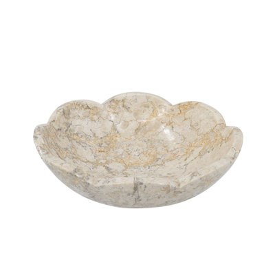 Cream Marble Bowl with Scalloped Edge and Gold Detailing, 10" Diameter Decorative Centerpiece
