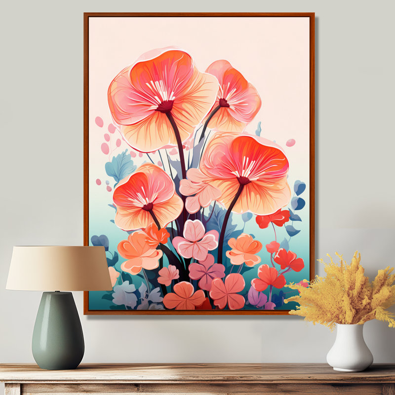 Charmante fleur de marguerite rouge en fleurs - Art mural marguerite, Toile avec cadre flottant brun