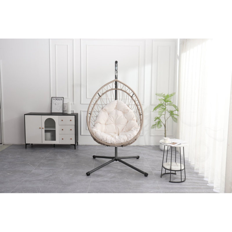 Chaise suspendue pliable en forme d'œuf avec support et coussins, Blanc, Beige/noir