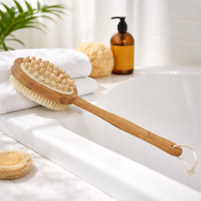 Natural Bamboo Body Brush with Long Handle - Dual-Sided Back Scrubber