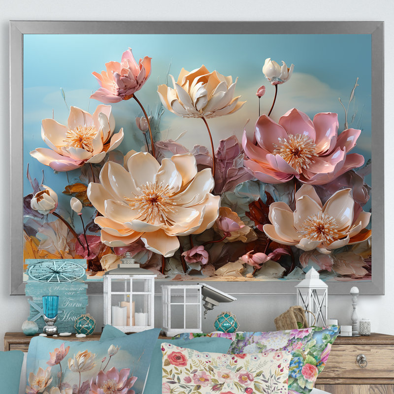 Fleur de lotus rose moderne - impression, Cadre simple argenté, H 34 po x l 44 po x P 1,5 po