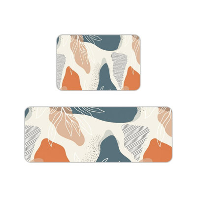 Set of 2 Boho Terracotta Abstract Kitchen Mats, Minimalist Modern Home Decor for Kitchen & Bedroom, Orange Blue