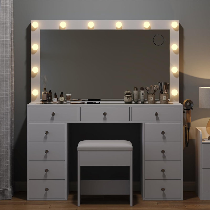 Vanity Desk with Illuminated Mirror & Power Outlet, 11 Drawers Vanity Table with Chair, Makeup Vanity with 12 LED Lights, Tempered Glass Top, Dressing Table for Bedroom,Dressing Room