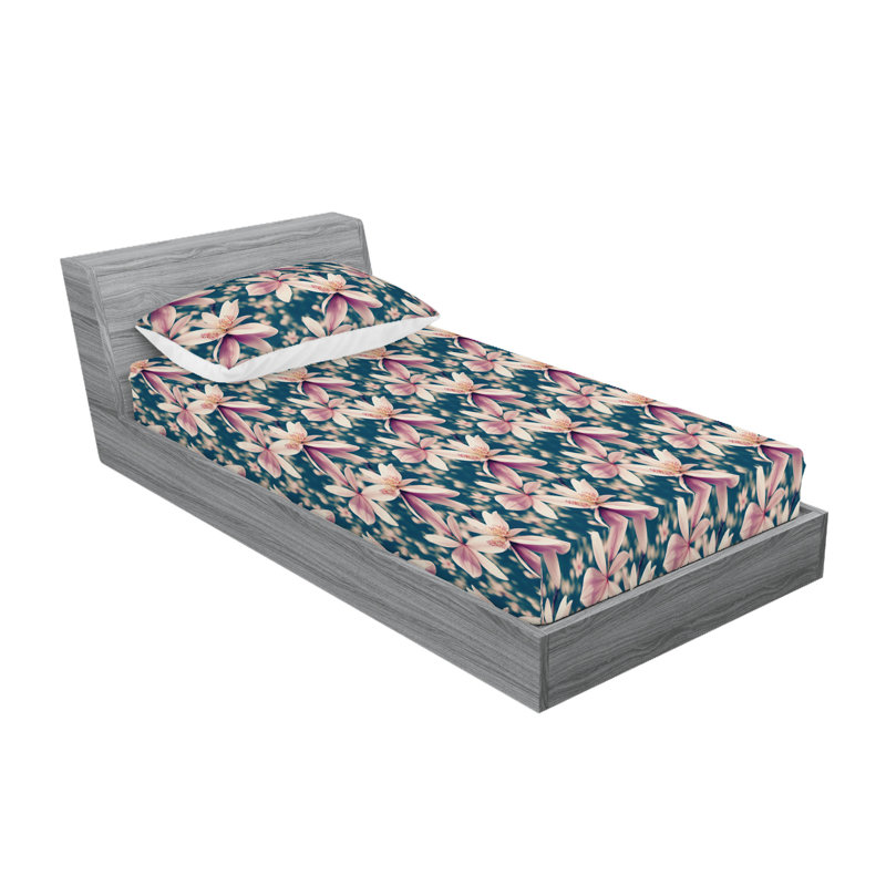 Ambesonne Fitted Sheet & Shams, Twin XL Sheet Set with 1 Pillowcase, Blue/Pale Purple Flower