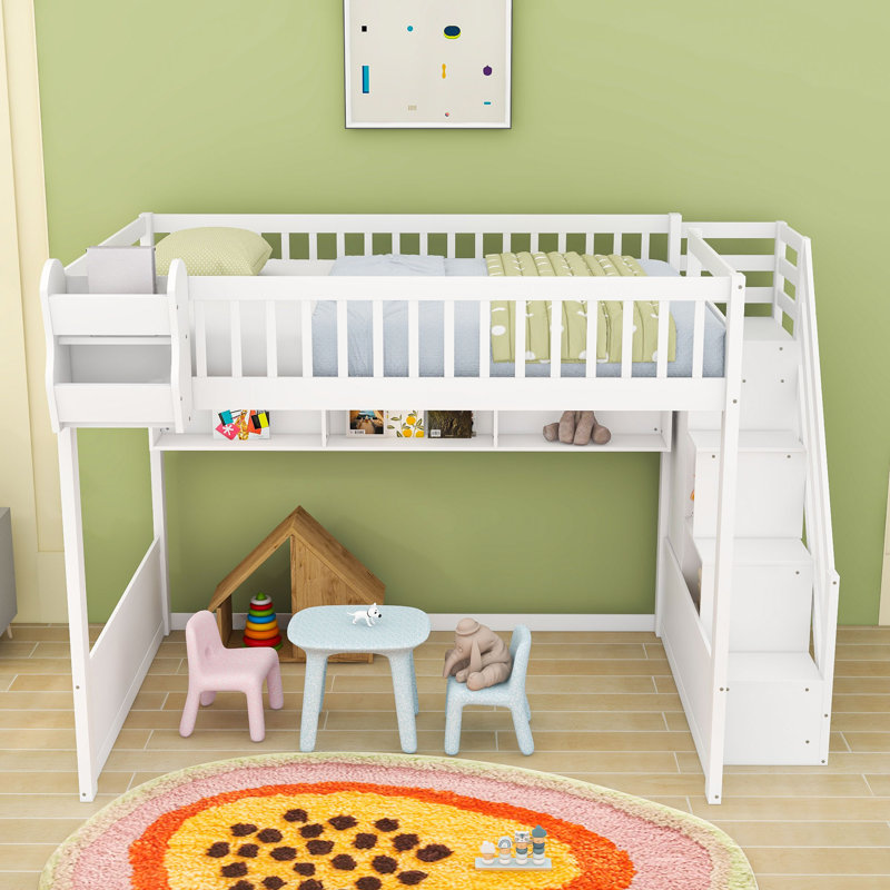 Queen Size Loft Bed with Integrated Wardrobe, Storage Shelves and Under-Bed Space, White