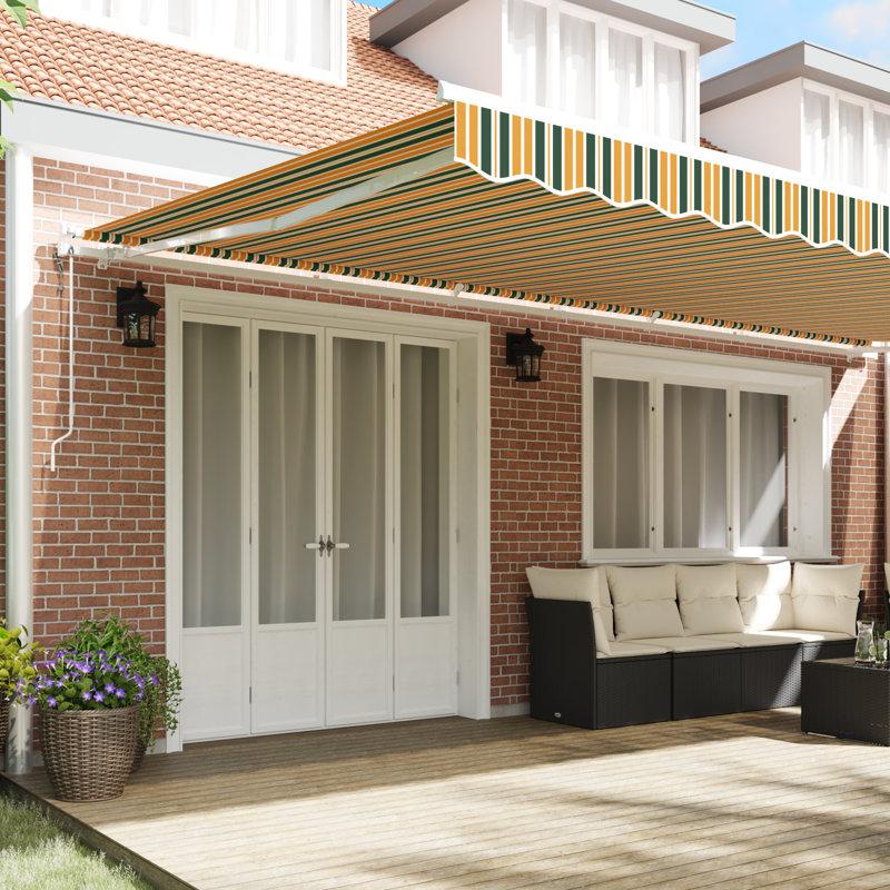 Brayden Studio Retractable Patio Awning, Green/Yellow Striped, 600 cm W x 300 cm D
