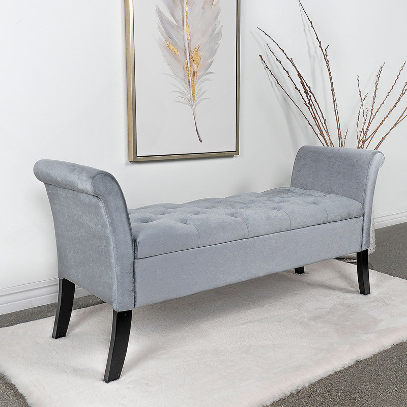 Banc de rangement rembourré avec accoudoirs roulés, Argent argent