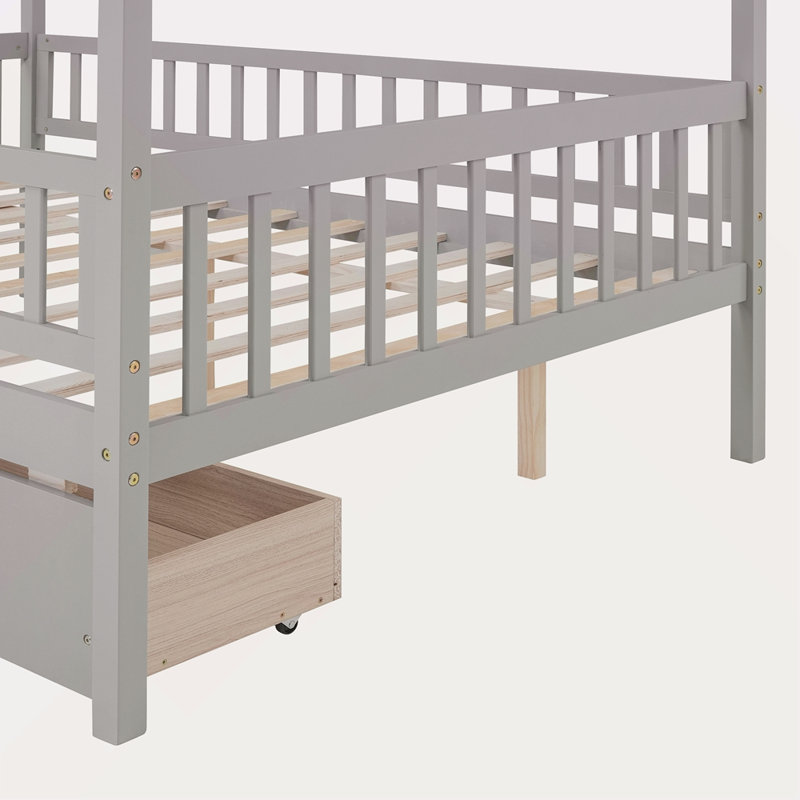 Lit double en bois avec deux tiroirs, Gris