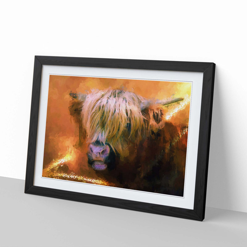 Portrait of a Highland Cow in Abstract - Picture Frame Painting Print, Black, 50cm H x 76cm W x 2cm D