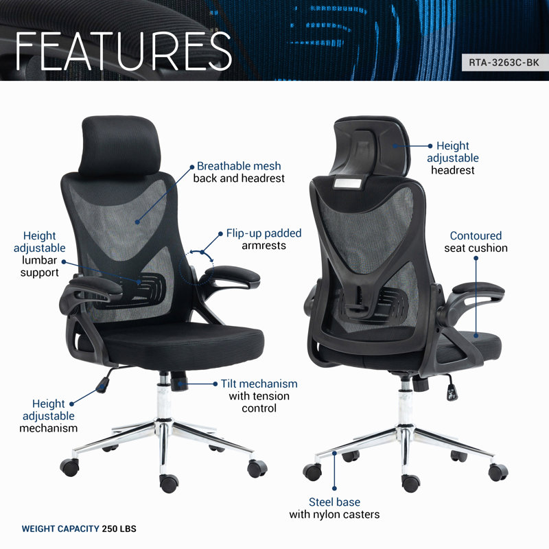 Chaise de bureau ergonomique Essential avec appui-tête et soutien lombaire, noir