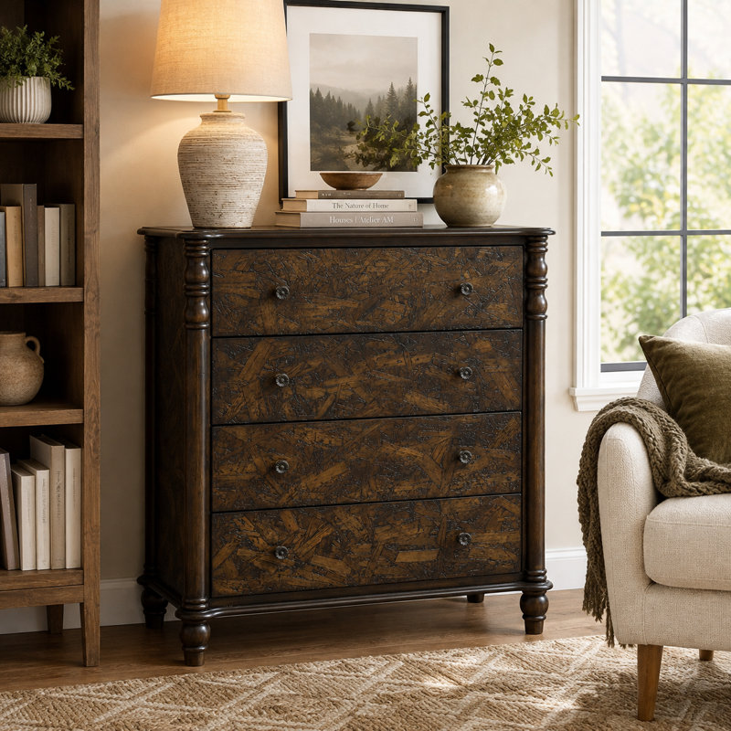 Rundelle Farmhouse Tall Dresser with 4 Drawers and Solid Wood Feet, Espresso
