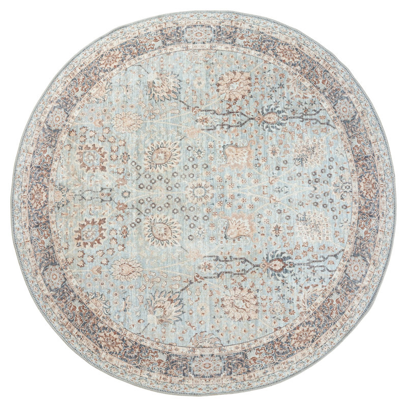 GLN Rugs Traditional Collection - Machine Washable Area Rug, Traditional Washable Rug, Non Slip Washable Rug, Low Pile Chenille Living Room Rug, Bedroom Rug, Kitchen Rug (Blue Floral Rug)