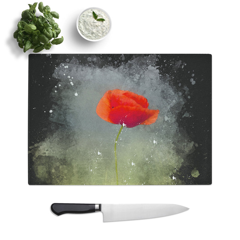 The Lone Poppy Flower Paint Splash Chopping Board, 28.5cm W x 39cm L