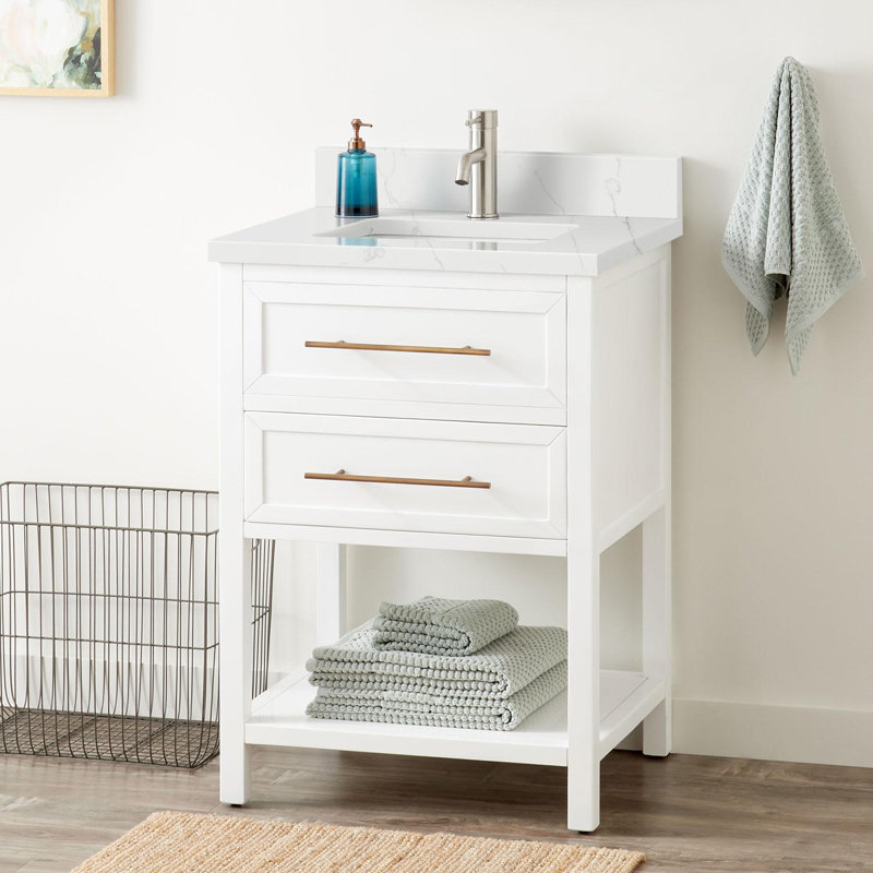 Ensemble de meuble-lavabo simple 24 po avec lavabo encastré rectangulaire Robertson, Monotrou, Quartz blanc plume, Blanc