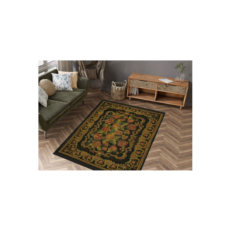 Tapis noir tissé à franges Karabagh, Sous-tapis rectangulaire de 3 pi 3 po x 4 pi 11 po