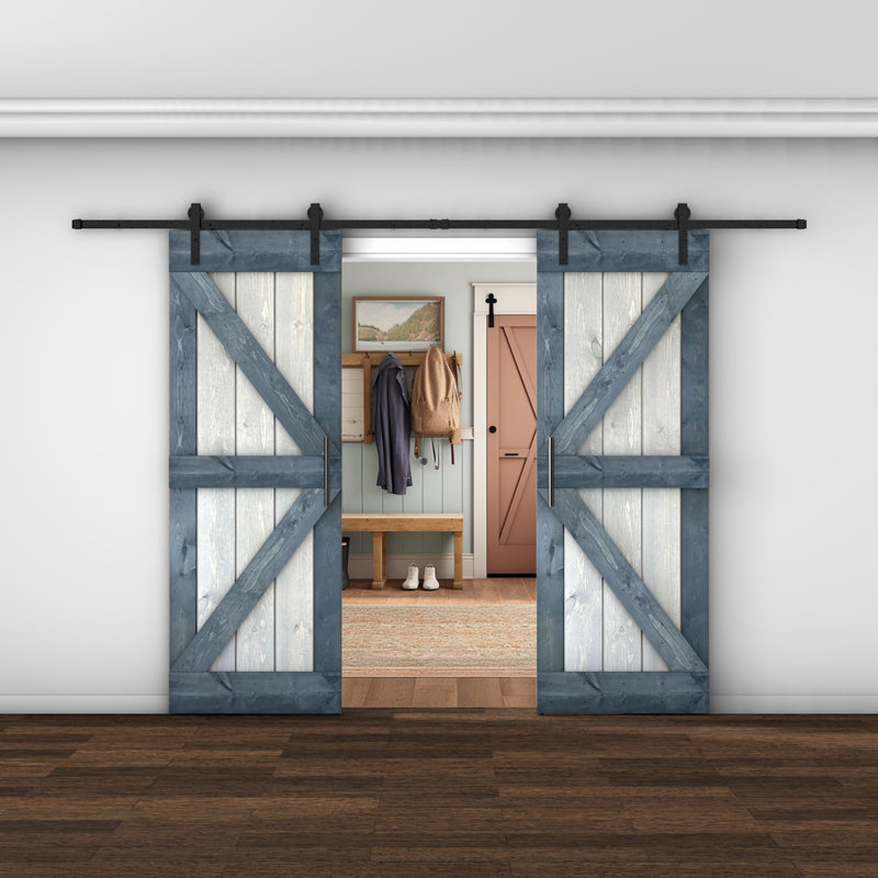Porte de grange lambrissée peinte en bois et en métal, 60 po x 84 po, Gris