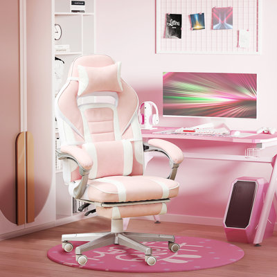 Inbox Zero Creaser Adjustable Reclining Ergonomic Faux Leather Swiveling PC & Racing Game Chair with Footrest in Pink