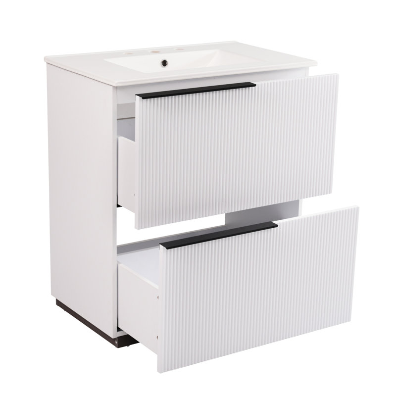 30" Bathroom Vanity With High - Quality Ceramic Sink, Fluted Design And Functional Storage Drawers For Hair Tools Cosmetics Space Saving Soft Close Undermount Drawer Slides Compartments