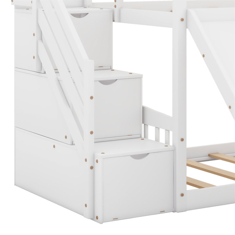 Lit superposé avec escalier de rangement et glissade, Blanc