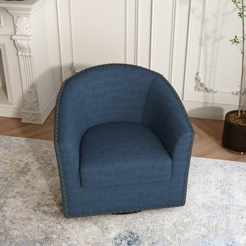 Aunna Nailhead Swivel Barrel Chair, Blue Polyester Blend