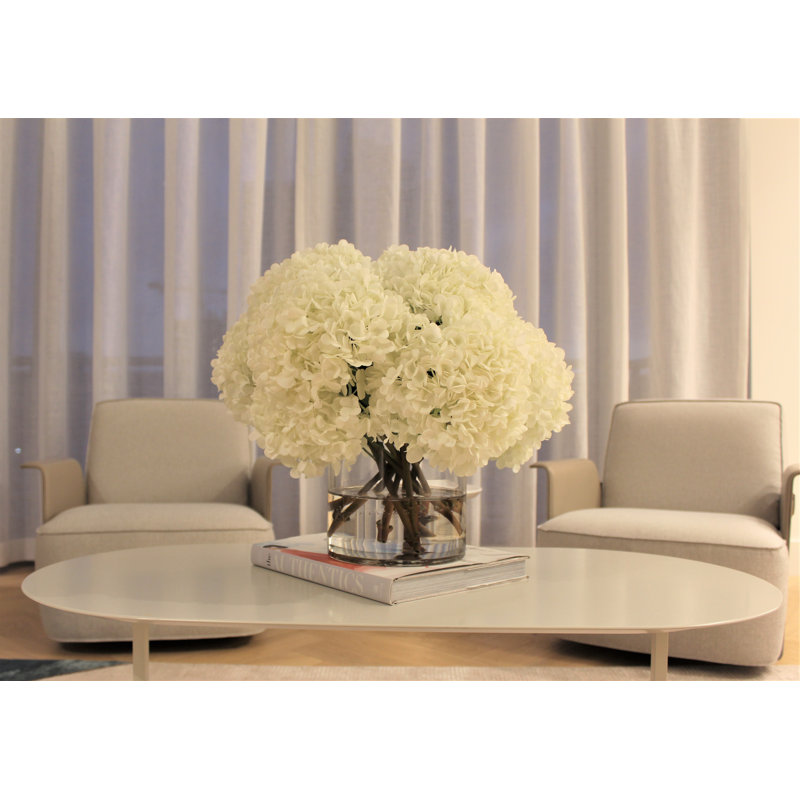 White Hydrangeas In Clear Glass Cylinder Vase, White, 16" H x 18" W x 18" D