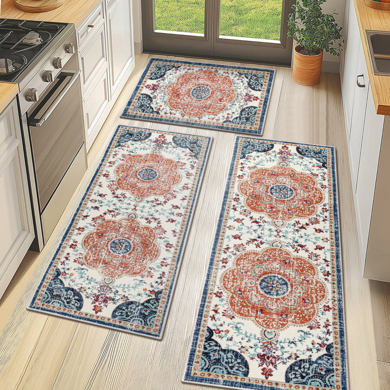 Machine Washable Non-Slip Kitchen Mat, Orange/Navy