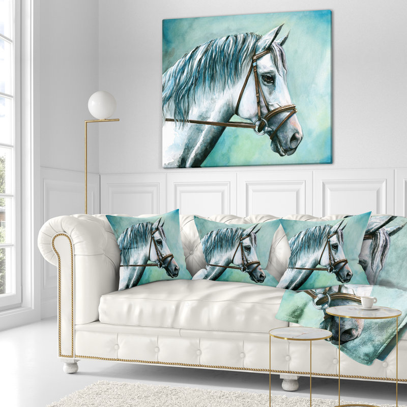 Designart 'Grey Horse on Blue Background' Animal Throw Pillow, 16" x 16", Throw Pillow