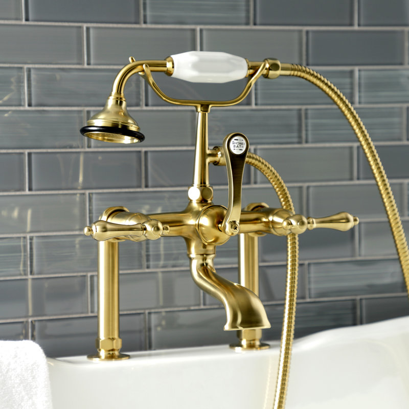 Kingston Brass Aqua Vintage Three-Handle 2-Hole Deck Mount Clawfoot Tub Faucet with Hand Shower, Brushed Brass