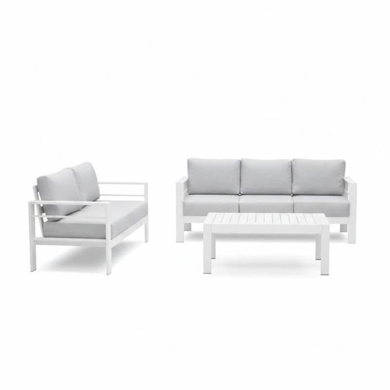 Ensemble de conversation 3 pièces pour patio moderne en aluminium, canapé 5 places avec lumière épaisse et table basse
