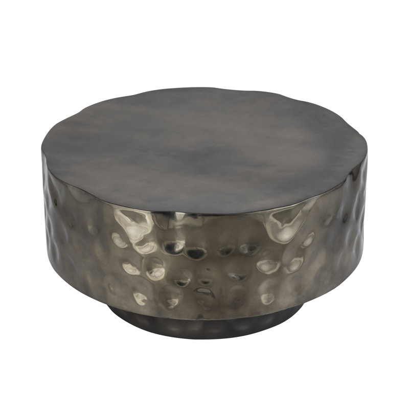 Table basse autoportante moderne et ronde, en acier inoxydable avec fonction martelée à la main, choix de finitions multiples pour les espaces de table, texture contemporaine, cuivre élégant, or ou argent
