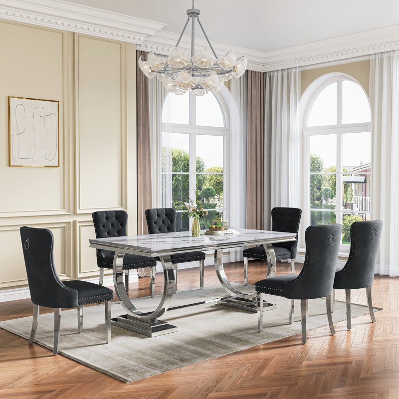 Rectangular 70.1"L X 35"W Dining Set, Noir / argenté, Blanc / argenté, 7 pièces : table, 6 chaises