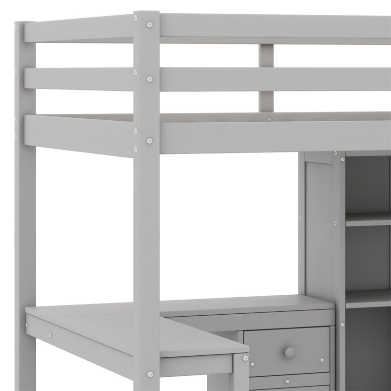 Lit mezzanine avec bureau en L et tiroirs, armoire et escalier de rangement, Gris