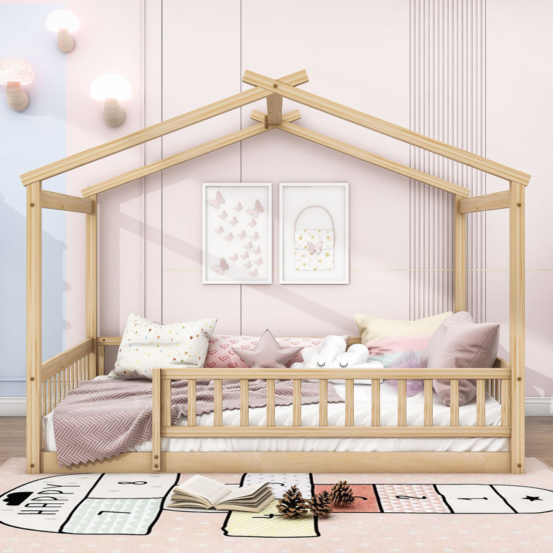 Hayti Wooden Platform Bed with Fence and Slats, Full, Natural