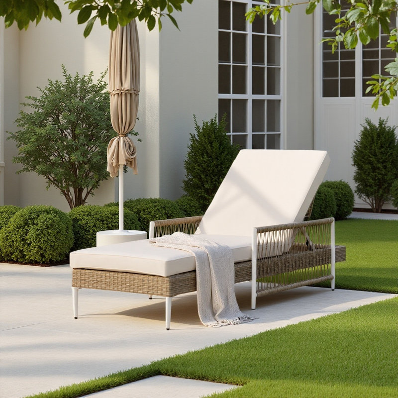 Chaise longue inclinable réglable en polyéthylène à 6 positions avec accoudoirs et coussin beige pour piscine et terrasse Topmax