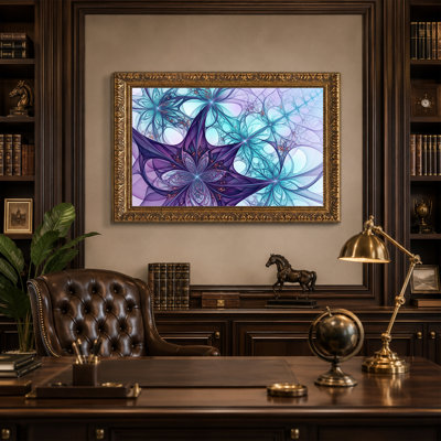 Purple and Teal Glowing Fractal Floral Patterns Canvas Wall Art