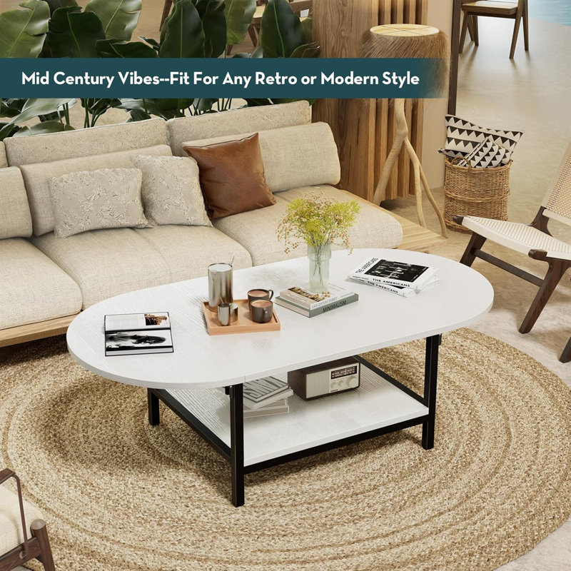 White Modern Extendable Coffee Table with Storage and Foldable Panels