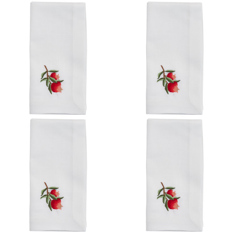 White Polyester Embroidered Pomegranate Square Napkins, Set of 4