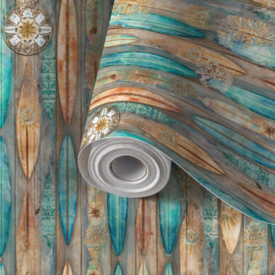 Papier peint adhésif peler et coller en PVC, revêtement mural auto-adhésif amovible avec planche de surf de plage bohémienne, impression de vagues tropicales, imperméable pour la décoration intérieure - rouleau