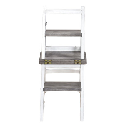 Chaise double pliante en bois massif pour cuisine, escabeau à fleurs, support rustique en bois d'hévéa vieilli, blanc antique et motif coloré, hauteur: 34,68 po, 15,89 po