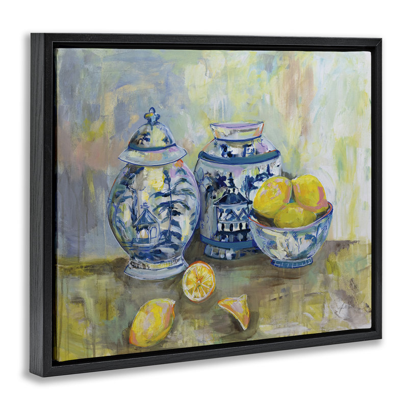 "Lemons & Pottery", peinture classique encadrée sur toile flottante par Jeanette Vertentes, Cadre flottant noir de jais