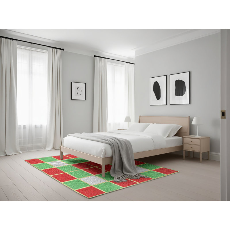 Tapis rouge/bleu marine à motifs, Rectangle 5 pi x 7 pi