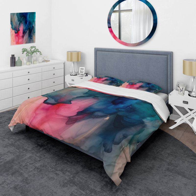 Ensemble de housse de couette en microfibre / polyester bleu et rose, Housse de couette pour très grand lit et 2 très