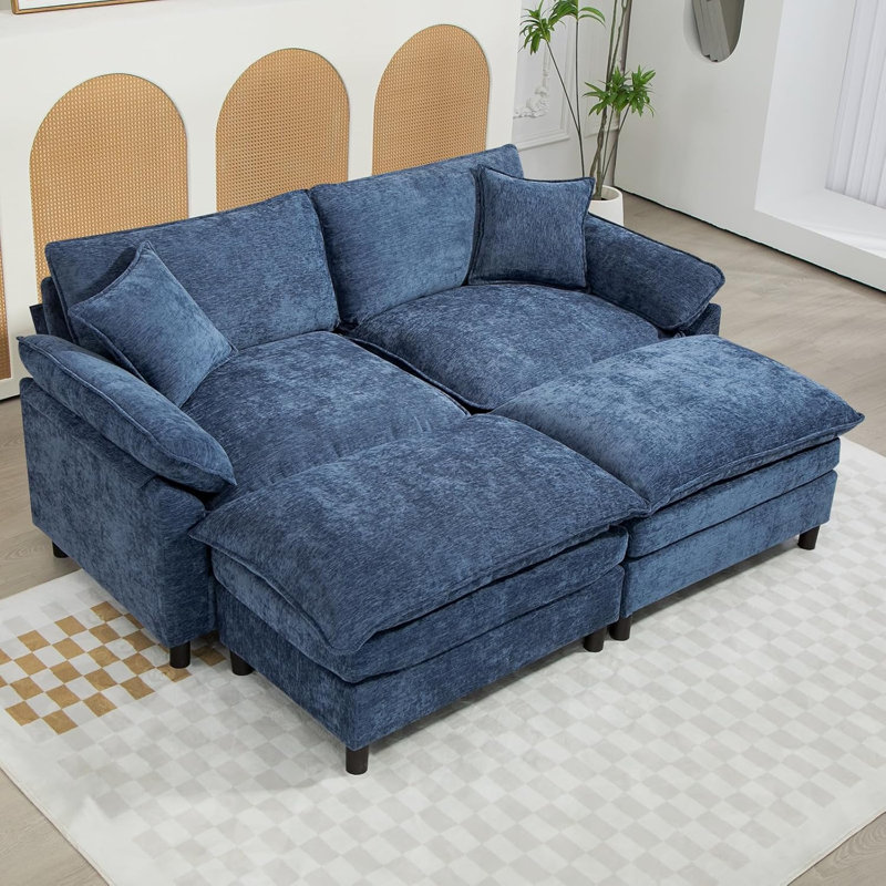 Upholstered U-Shape Sectional With Two Ottomans, 34.6" H x 80" W x 57.8" D, Blue Chenille