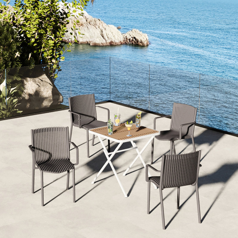 Arold 4Pcs Warm Grey Stackable Pp Armchair With Indoor/Outdoor Multi - Functional Table, Metal Legs  White, Khaki , All Weather, , , Non Slip, Ergonomic Design, Zero Maintenance, No Assembly, Slatted Back,