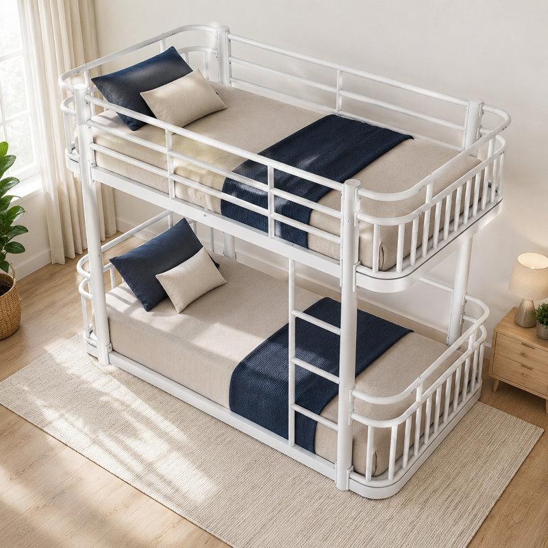 Lit superposé en métal Sheneza Twin XL Over Twin XL avec barrières de sécurité pleine longueur, échelle intégrée et lattes de support de matelas